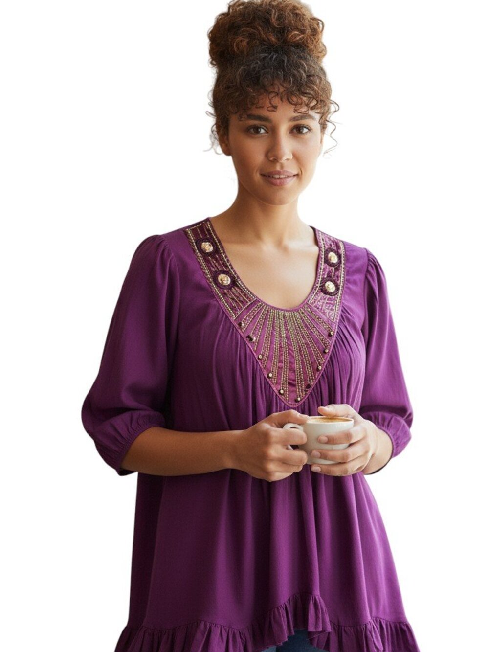 Ashro Dress Womens XL Purple Beaded Embroidered Balloon Sleeve Boho NWT